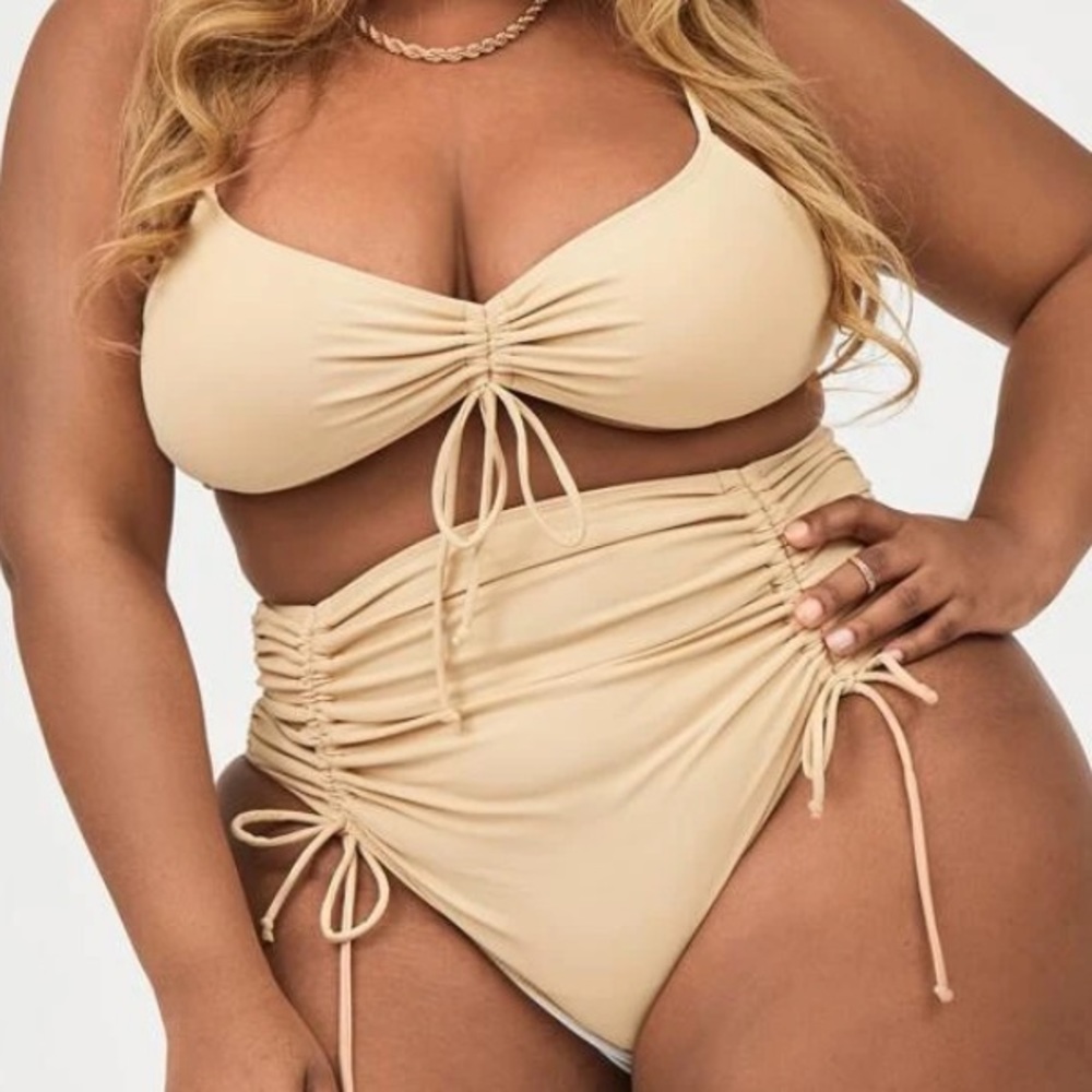 Plus drawstring front high waisted bikini swimsuit